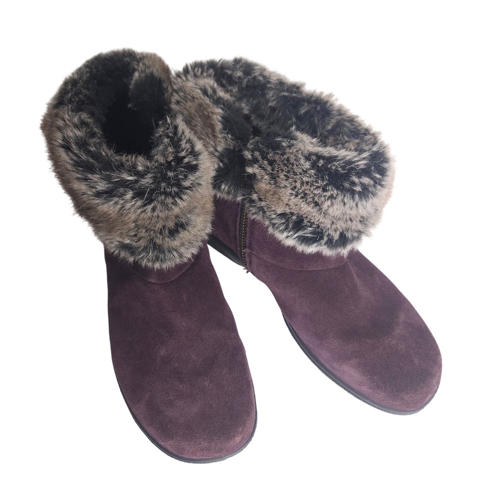 Hotter Romance Suede Ankle Boots‎ Purple Faux Fur Trim Side Zip UK 5 US 7